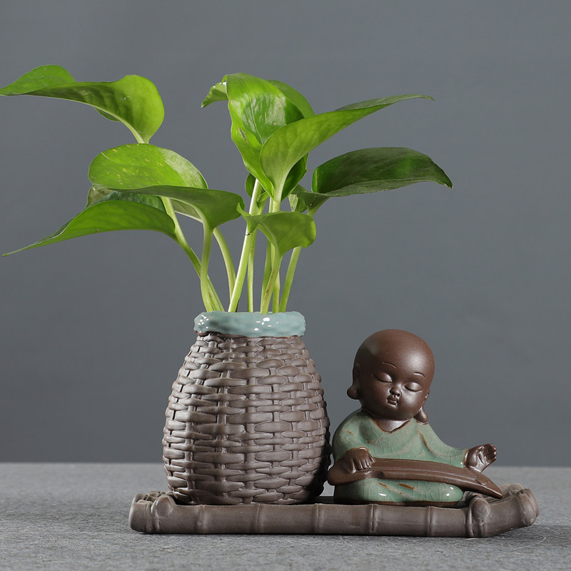 紫砂陶瓷茶宠花盆水养植物绿萝铜钱草水培花瓶插花器皿家居装饰品