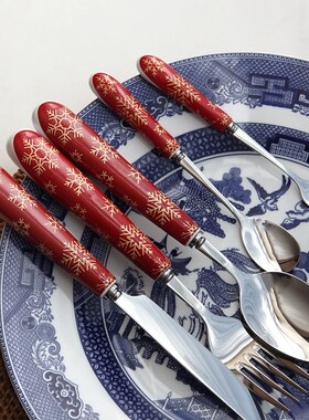 SO意大利品牌圣诞红色雪花刀叉勺咖啡勺304不锈钢
