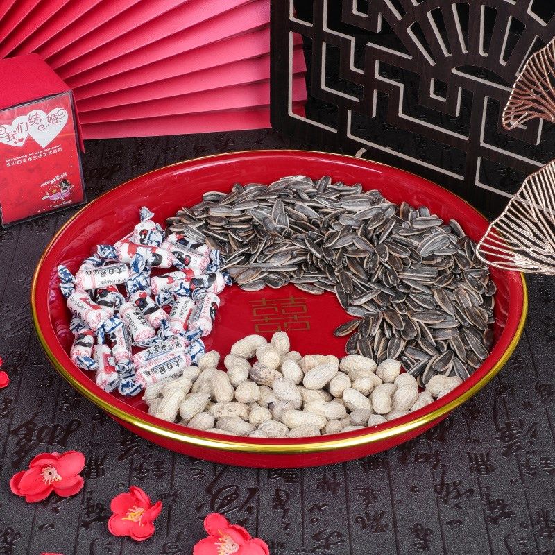 金边结婚婚庆中式水果盘干果盘婚礼红色喜盘塑料托盘喜庆布置用品