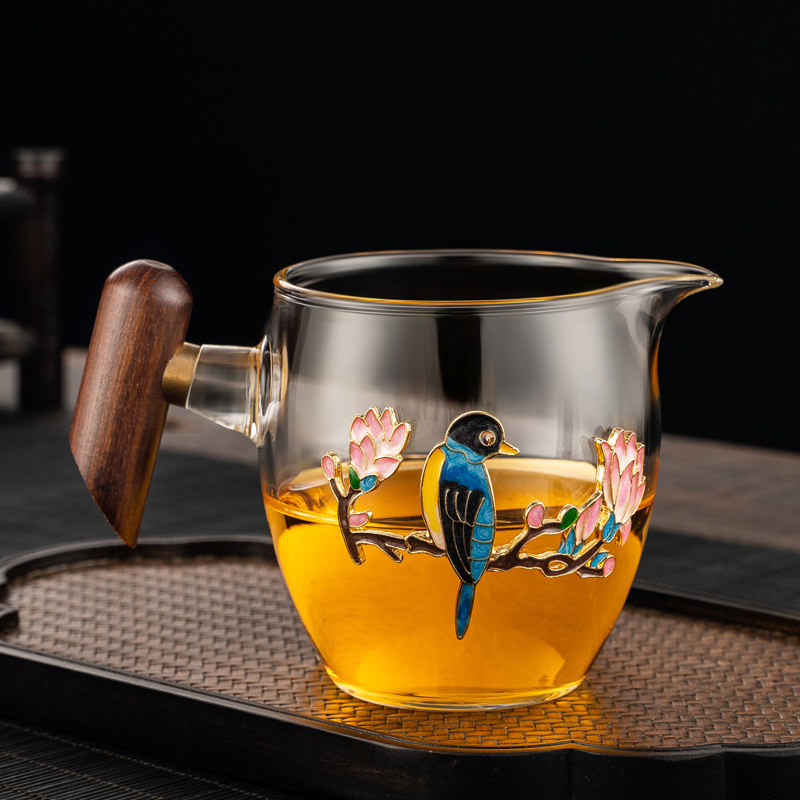 木把玻璃公道杯景泰蓝高档手工加厚耐高温功夫茶具分茶器侧把公杯