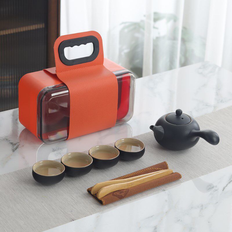 粗陶便捷式茶具户外旅游泡茶神器侧把壶一壶四杯收纳包装节日礼品