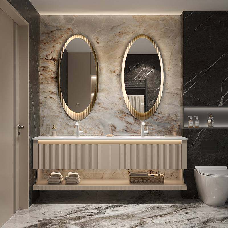 奶油风岩板热弯浴室柜一体盆橡木烤漆双盆卫生间洗漱台洗脸盆