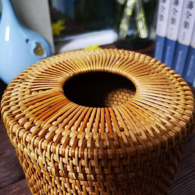 藤编手工编织纸巾盒客厅桌面家用卧室餐巾盒中式抽纸盒圆筒纸巾盒