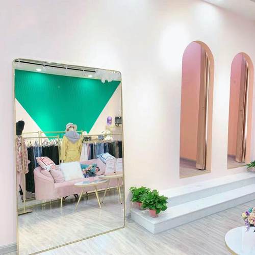 轻奢圆弧窄不锈落超地镜壁挂试衣镜边框钢全身镜服装店白显NLD瘦