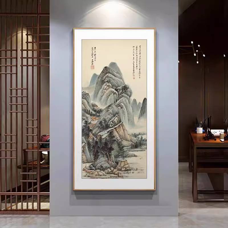 迎客松玄关装饰画新中式入户走廊过道挂画竖版茶室壁画山水画国画