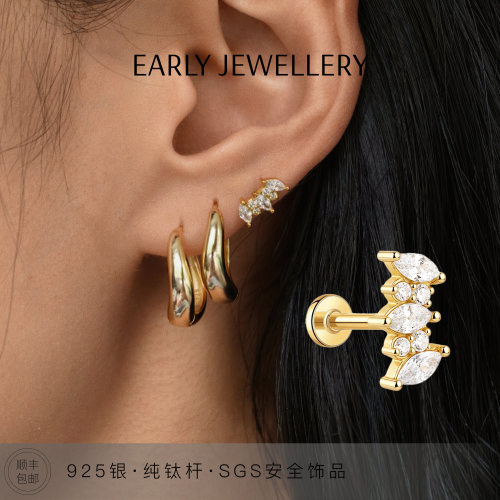 银镀金纯钛杆恒光星簇平底耳钉