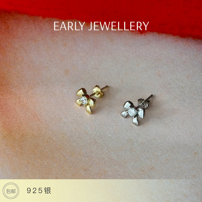 锆石蝴蝶结耳钉 925银镀18K金/纯银双色 5A锆石一对装经典耳堵