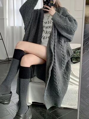 灰色中长版过膝毛衣外套女春秋冬冬季慵懒风加厚百搭针织开衫大衣