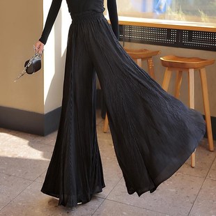 子时尚 垂感黑色百褶大喇叭大阔腿裤 新款 压褶长裤 甩裤 下垂宽腿女裤