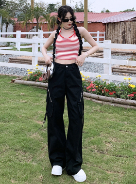 黑色工装裤女春夏2025新款高腰显瘦美式小个子多口袋阔腿休闲长裤
