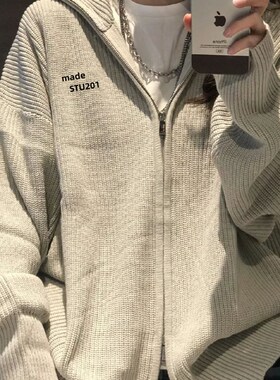 加厚版!灰色拉炼翻领毛衣开衫女秋装新款韩版宽松长袖针织衫外套