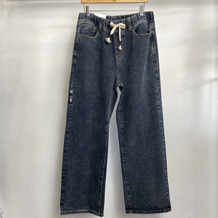 阔腿休闲松紧腰宽松男女港风老爹大直筒蓝色系绳百搭大裤 管牛仔裤