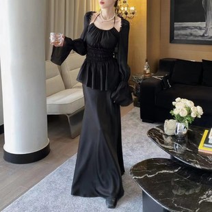 法式黑色气质丝绸缎面半身裙女夏季中长款A字裙高腰垂感鱼尾长裙