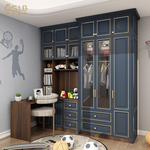 儿童实木书桌书柜衣柜一体组合定制带玻璃门储物柜学生.书橱文件