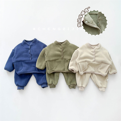 婴儿童装秋冬套装女童洋派卫衣卫裤两件套新款男孩双面绒保暖衣服