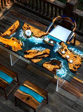 环氧树脂河桌面黑胡桃大板实木原木海洋茶几咖啡桌触摸传感器发光