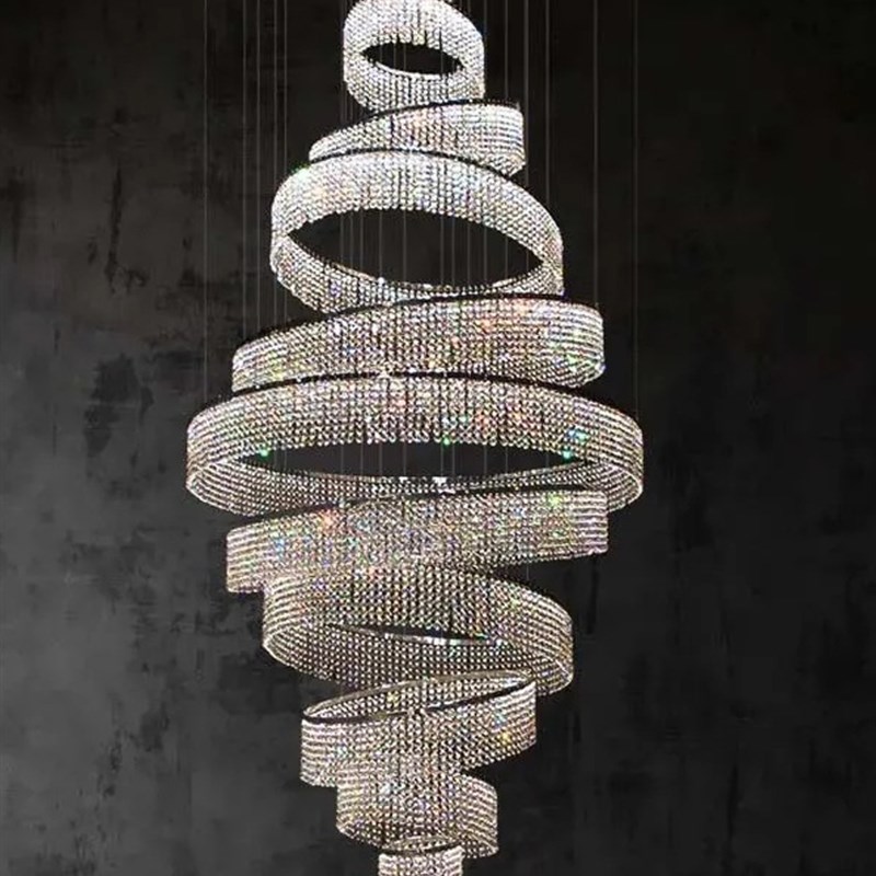 别墅复式楼大吊灯客厅水晶灯现代轻E奢大气挑高环形旋转水晶客厅