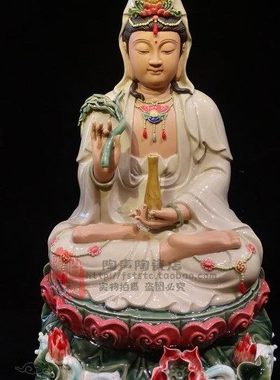 杨柳枝观音菩萨坐像中式石湾公仔陶瓷客厅供奉玄关平安手工摆件