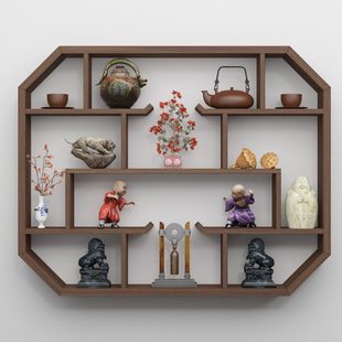 博古架实木中式隔断简约现代客厅小摆件置物架壁挂式茶具架多宝阁
