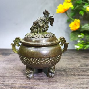 老式珍藏瑞兽三足鼎合金铜铸龙头香薰炉小摆件香炉铜道家炼丹炉