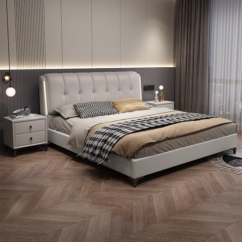 真皮床现代简约主卧室高端大气轻奢1.F5米8软包双人皮艺实木床婚