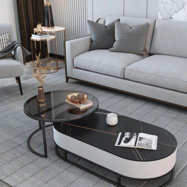 岩板现代简约轻奢大理石茶几椭圆形电视柜组合客厅北欧小户型玻璃