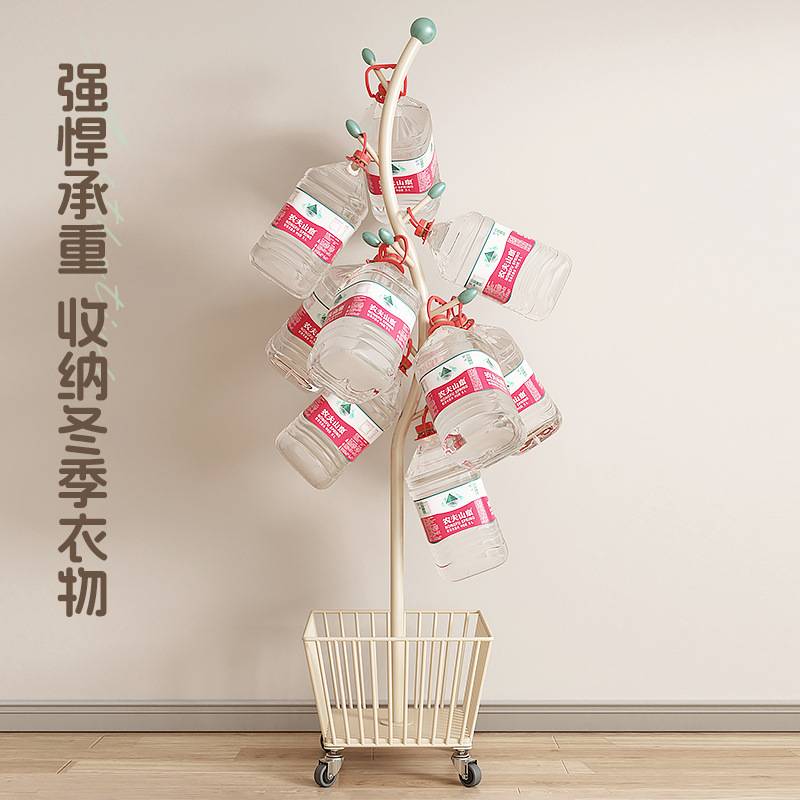 奶油风落地衣帽架卧室落地挂衣架可移动带轮转角床边收纳篮脏衣篓