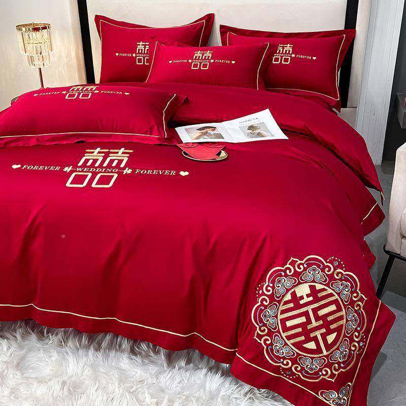 高档婚庆四件套红色绣刺被用ihGmdJp套结婚婚床新中式陪嫁喜庆床