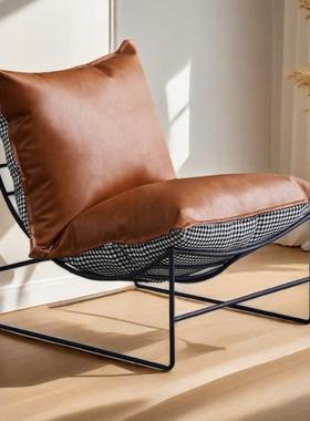 单人沙发用椅网红轻奢千鸟格铁艺家单小阳台设发计师懒椅人沙6545