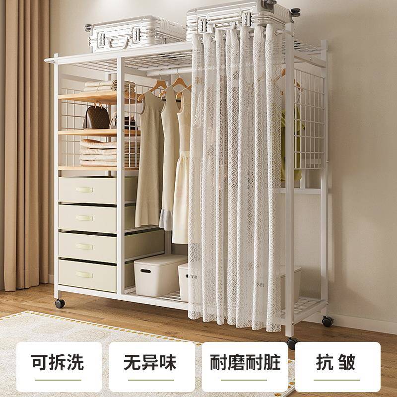 W6衣简易布衣柜家卧耐一体免安室钢结构衣柜结实用出租房布艺衣用橱儿童帽