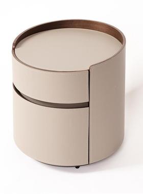 意式极简13689Ltal高an设计马师皮圆形床头柜卧室端收纳储物床边