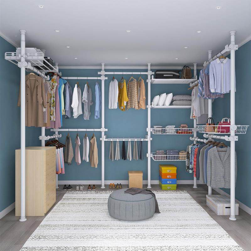 源头孔厂家顶天立地置衣杆架免打带帘晾帽挂衣架衣柜CEV衣间架子