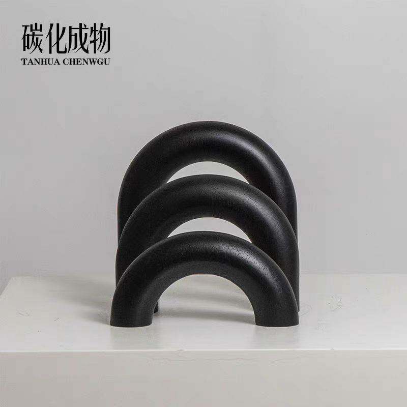 现代简约黑色木纹拱门几何艺术摆件样板间售楼处书房电视柜软装饰