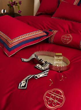 婚庆件套四大LO红长棉全棉喜绒被结婚被套刺绣.18床上用品