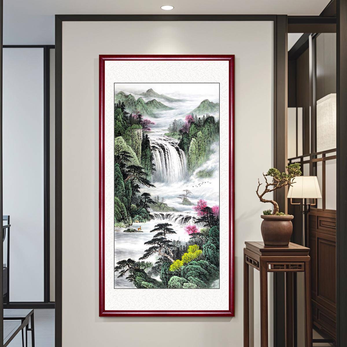 山水画国画玄关过道装饰壁画中式客厅财源滚滚风景画靠山挂画