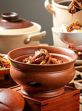 土仿古粗圆形加温F766J7H5热保汤煲牛蛙碗黄色汤碗带陶盖特色酒店