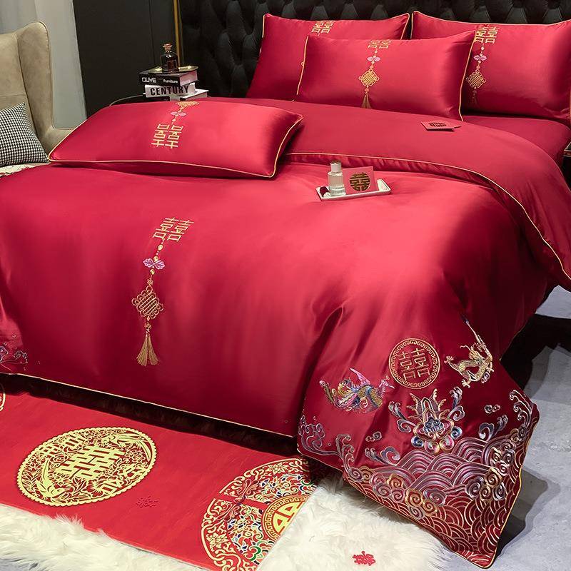 高档欧式婚庆四件套棉大红色刺绣磨毛被套结婚床上用品陪嫁婚房