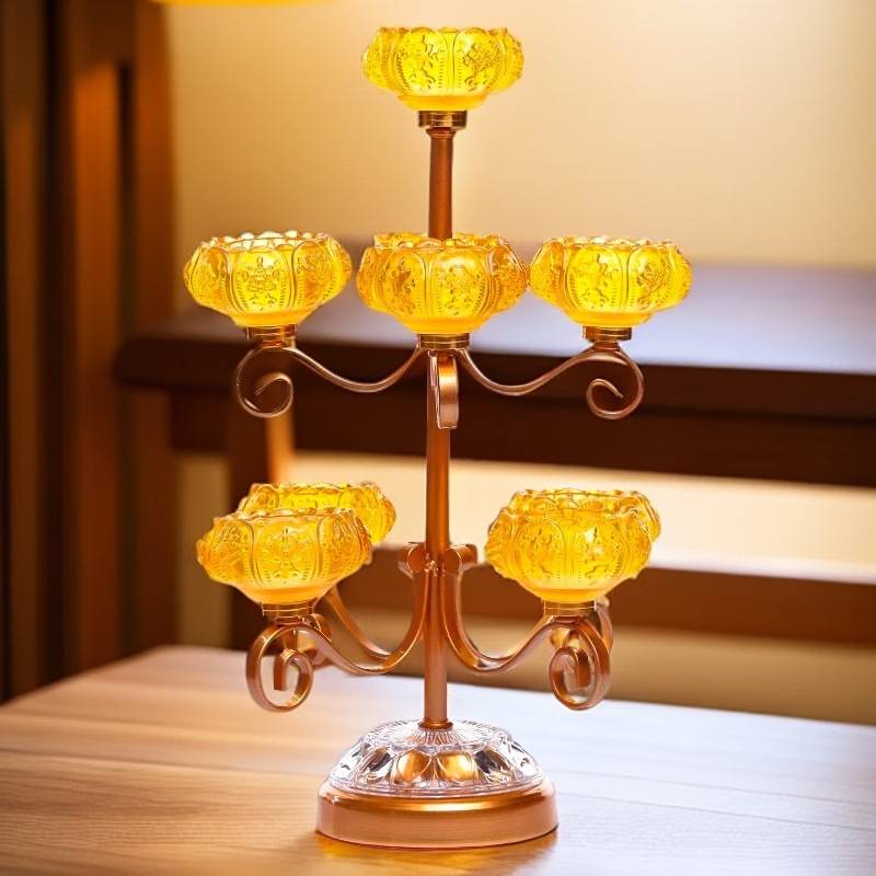 琉璃灯架供佛灯家用七星莲花烛台摆件供佛前长明灯七彩酥油灯灯座