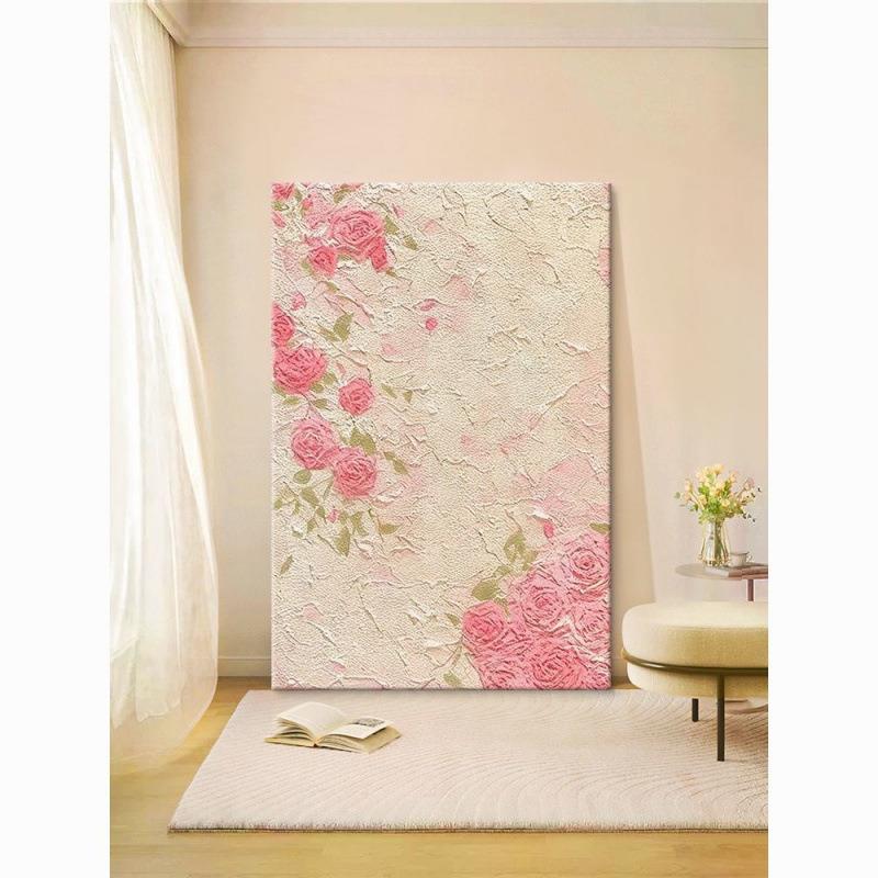 顺丰】奶油风粉红色玫瑰花手绘油画客厅装饰画石英砂岩肌理入户玄