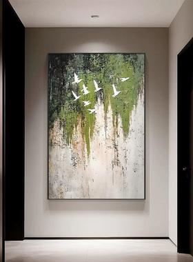 斑驳肌理装饰画绿色抽象玄关手绘油画艺术飞鸟大芬村走廊过道挂画