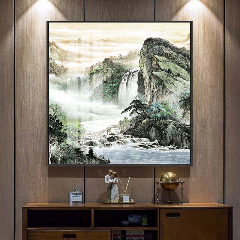 山水风景画客厅挂画卫生间办公室装饰画高山流水生财靠山中式壁画