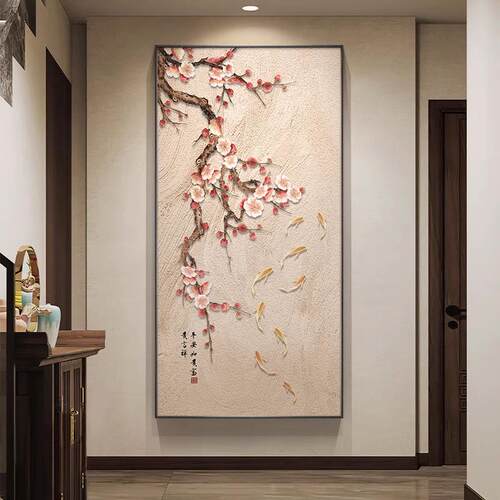 现代简约风正对门入户玄关画事事如意客厅走廊过道竖版花鸟壁画