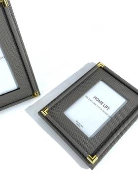 现代轻奢编织皮质相框摆件样板间卧室床头柜办公桌样板间衣帽间饰