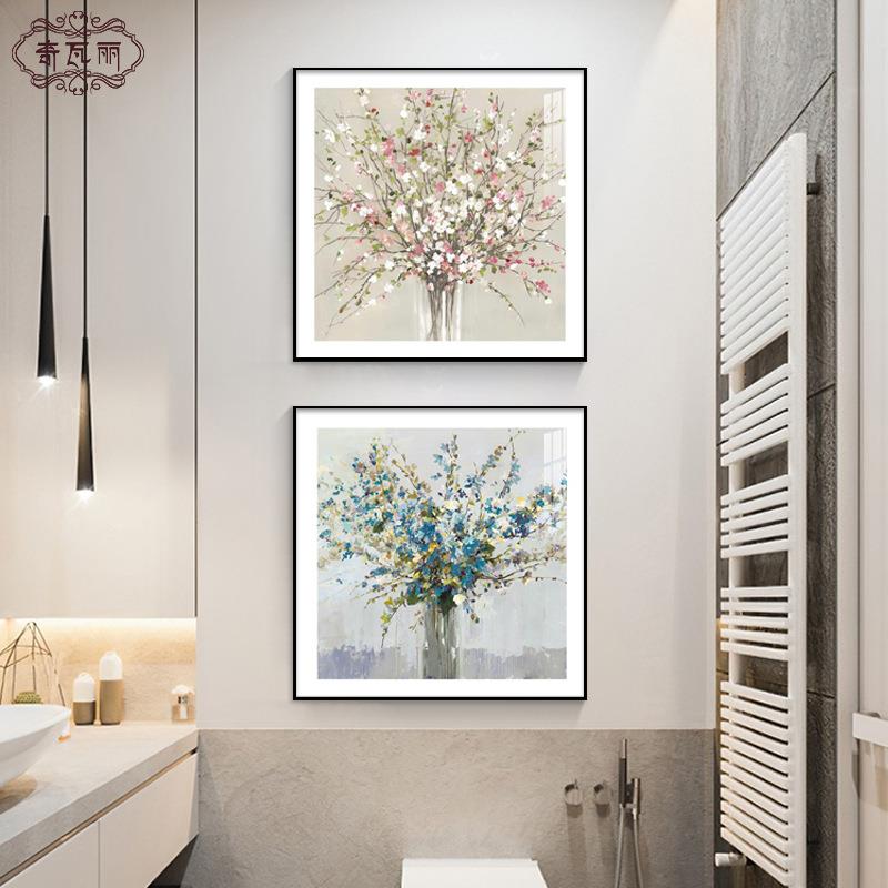 卫生间防水挂画免打孔美式花卉洗手间装饰画轻奢厕所浴室墙面壁画
