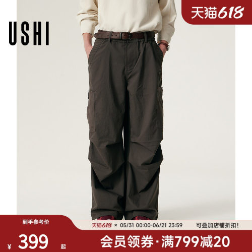 USHI悠时 男士工装长裤美式复古直筒宽松潮牌裤子多口袋休闲裤男