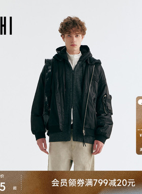 USHI悠时 秋冬加厚立体后背字母口袋棉服外套连帽宽松长袖夹克