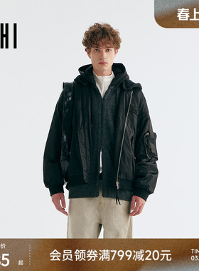 USHI悠时 秋冬加厚立体后背字母口袋棉服外套连帽宽松长袖夹克