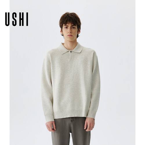 USHI悠时 老钱风一粒扣针织polo衫商务休闲链翻领长袖男士毛衣