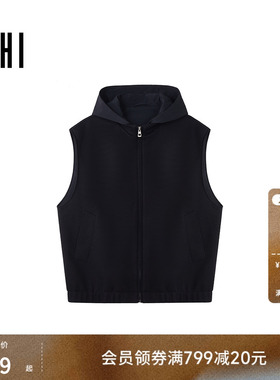 USHI悠时 潮流简约连帽日常休闲微阔拉链黑色马夹2026年春季男装
