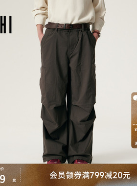 USHI悠时 男士工装长裤美式复古直筒宽松潮牌裤子多口袋休闲裤男